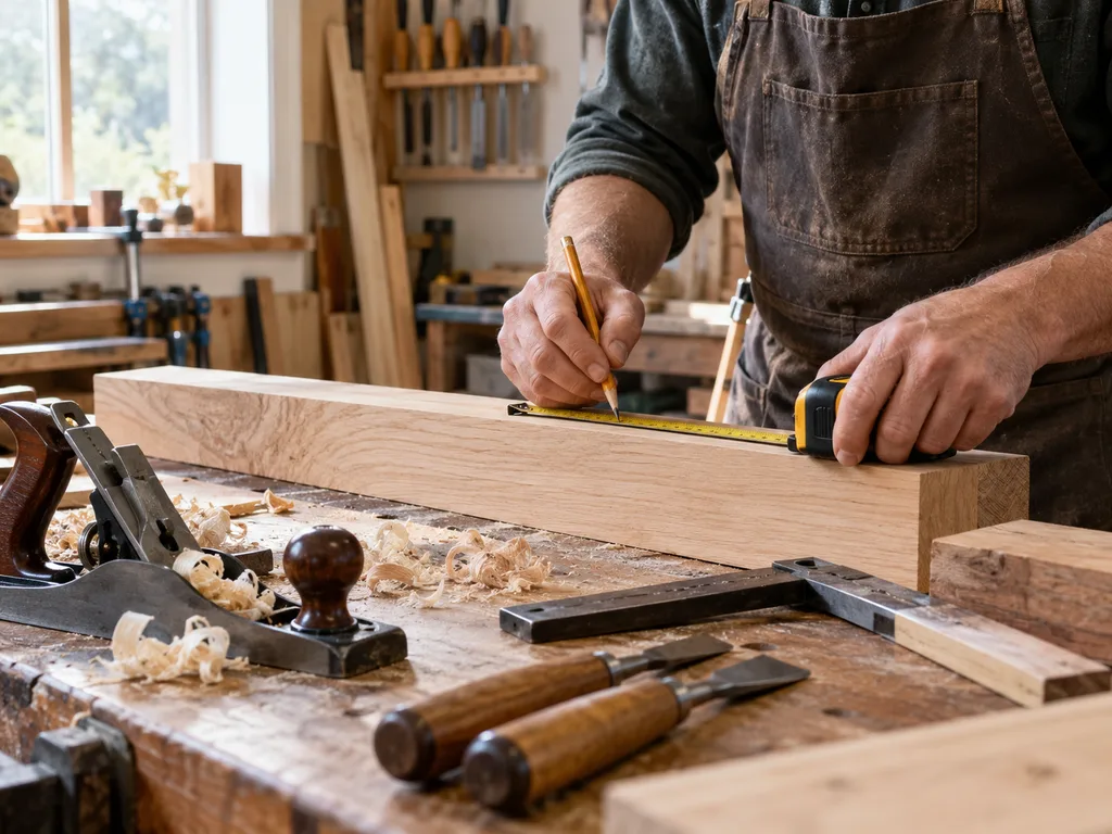 Carpentry category photograph of hands measuring timber